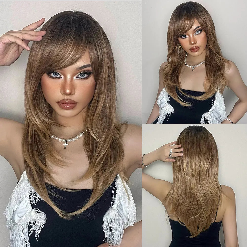 Ombre Red to Black Synthetic Wig with Bangs, showcasing long straight layered hairstyle, perfect for parties and cosplay.