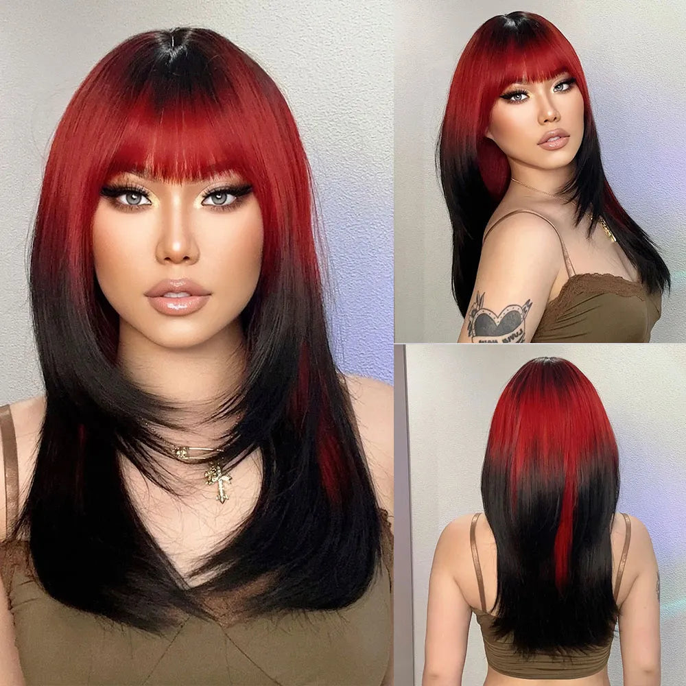 Ombre Red to Black Synthetic Wig with Bangs, showcasing long straight layered hairstyle, perfect for parties and cosplay.