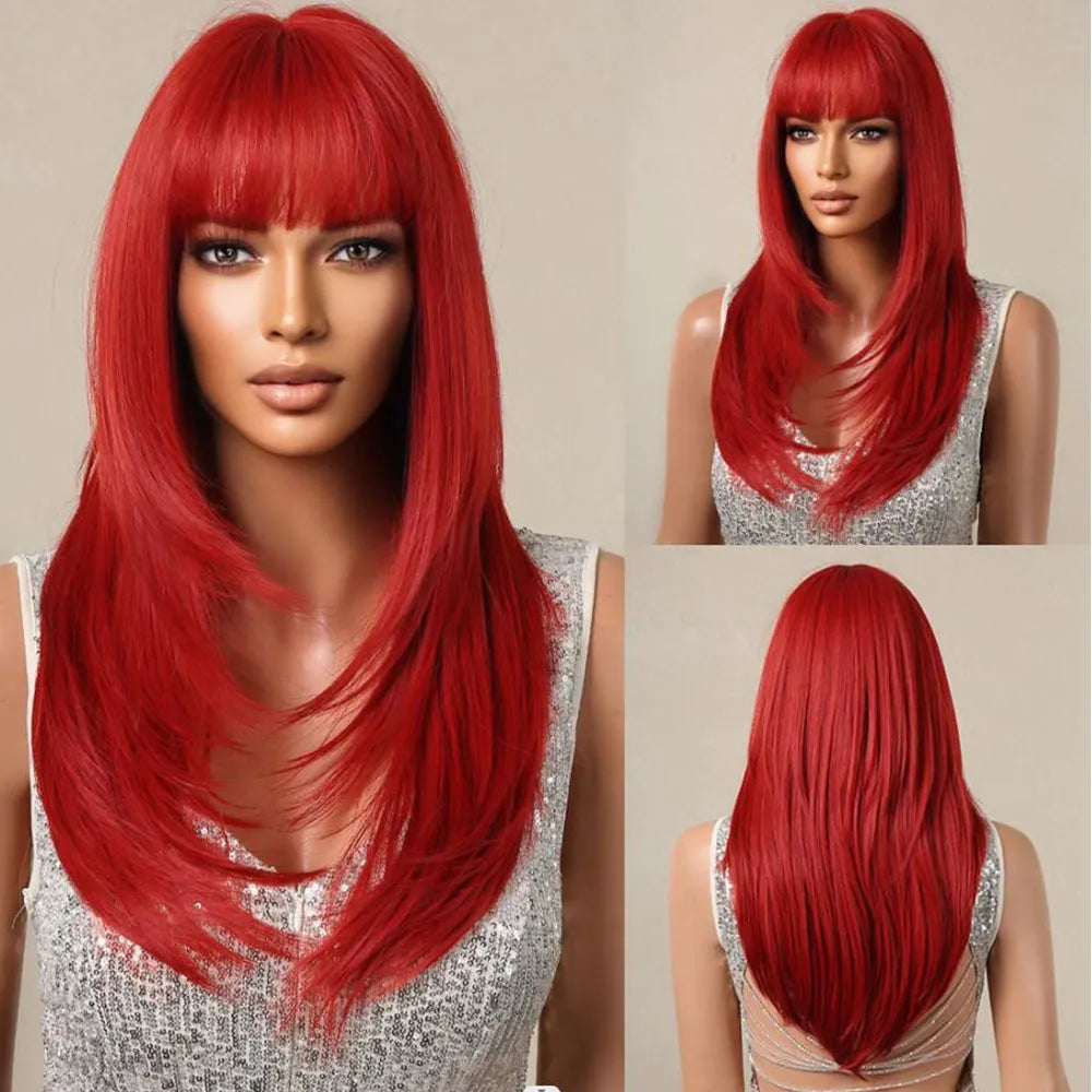 Ombre Red to Black Synthetic Wig with Bangs, showcasing long straight layered hairstyle, perfect for parties and cosplay.