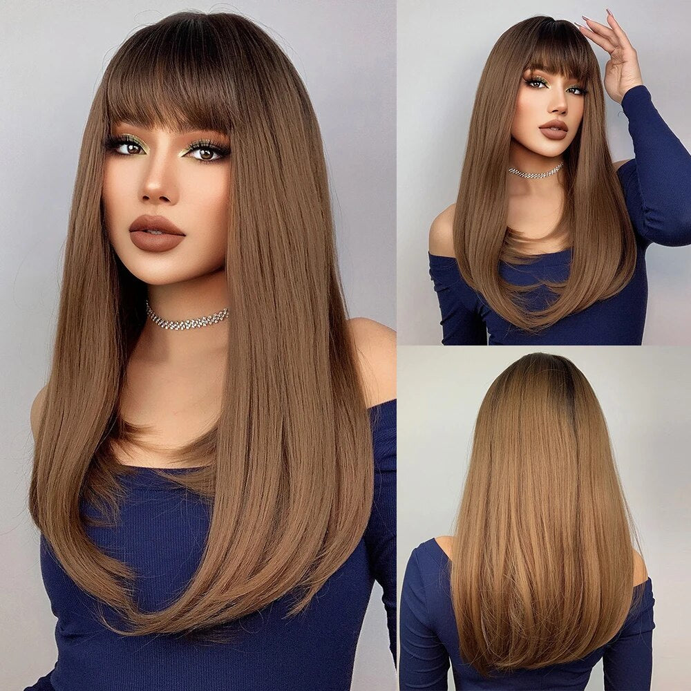 Ombre Red to Black Synthetic Wig with Bangs, showcasing long straight layered hairstyle, perfect for parties and cosplay.