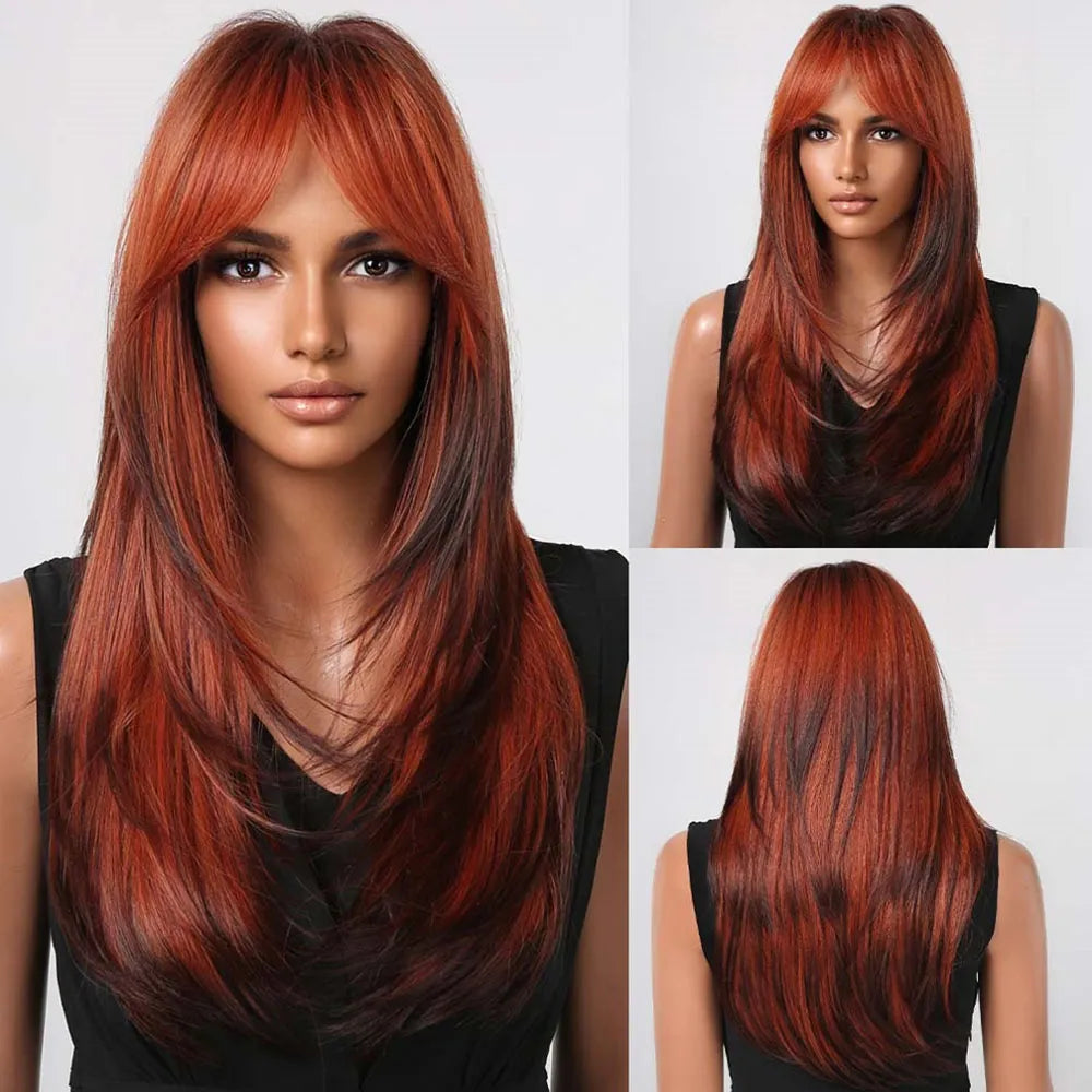 Ombre Red to Black Synthetic Wig with Bangs, showcasing long straight layered hairstyle, perfect for parties and cosplay.