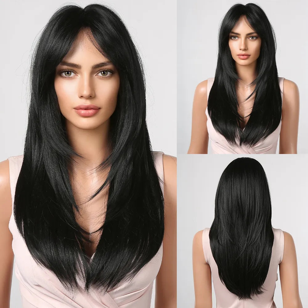 Ombre Red to Black Synthetic Wig with Bangs, showcasing long straight layered hairstyle, perfect for parties and cosplay.