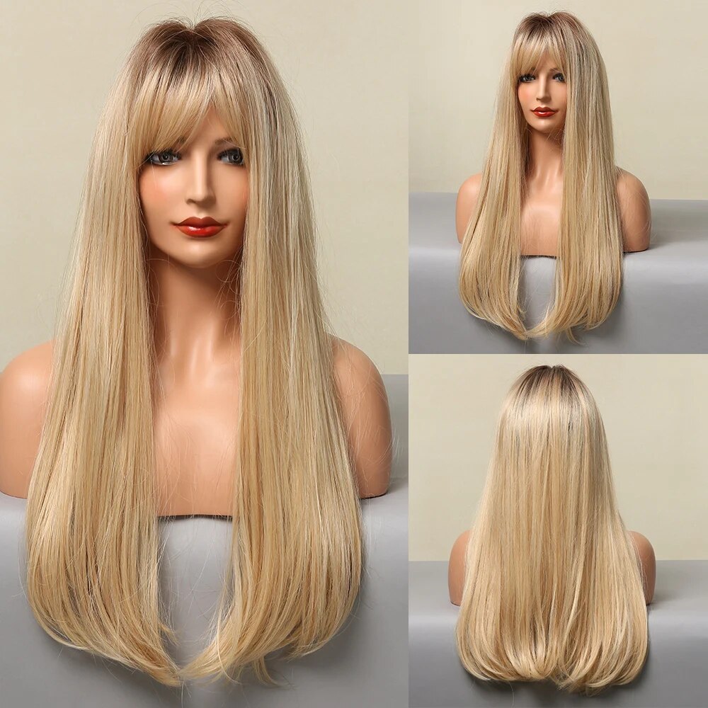 Ombre Red to Black Synthetic Wig with Bangs, showcasing long straight layered hairstyle, perfect for parties and cosplay.