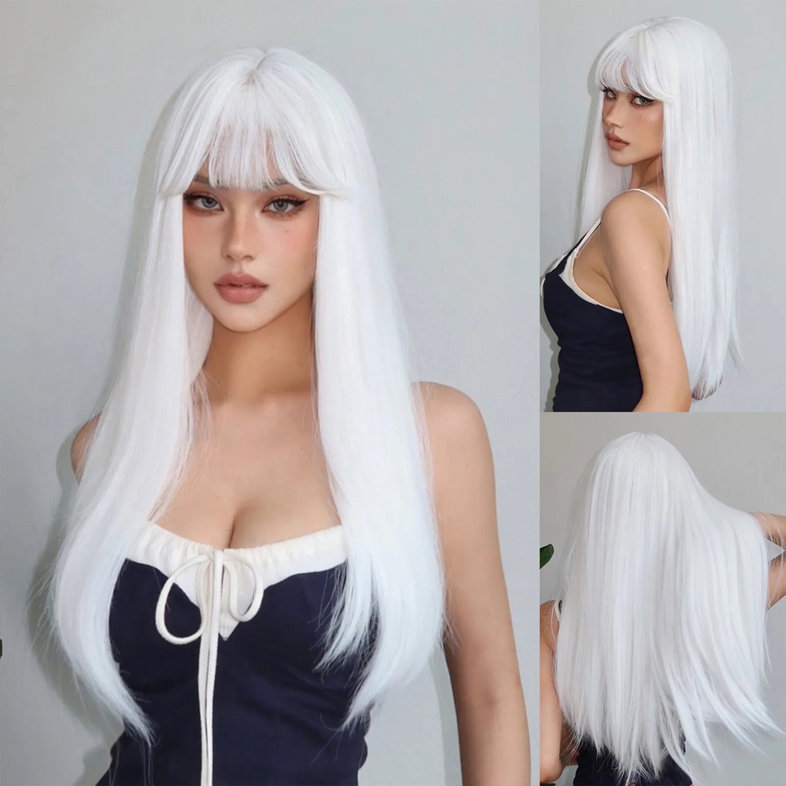 Ombre Red to Black Synthetic Wig with Bangs, showcasing long straight layered hairstyle, perfect for parties and cosplay.