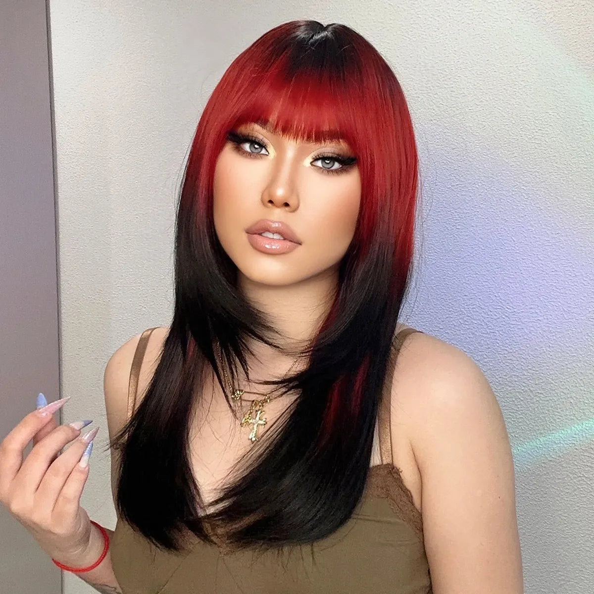 Ombre Red to Black Synthetic Wig with Bangs, showcasing long straight layered hairstyle, perfect for parties and cosplay.