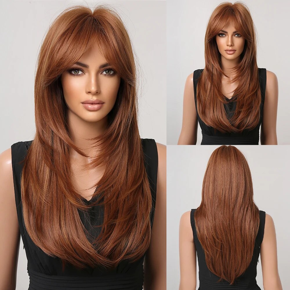 Ombre Red to Black Synthetic Wig with Bangs, showcasing long straight layered hairstyle, perfect for parties and cosplay.