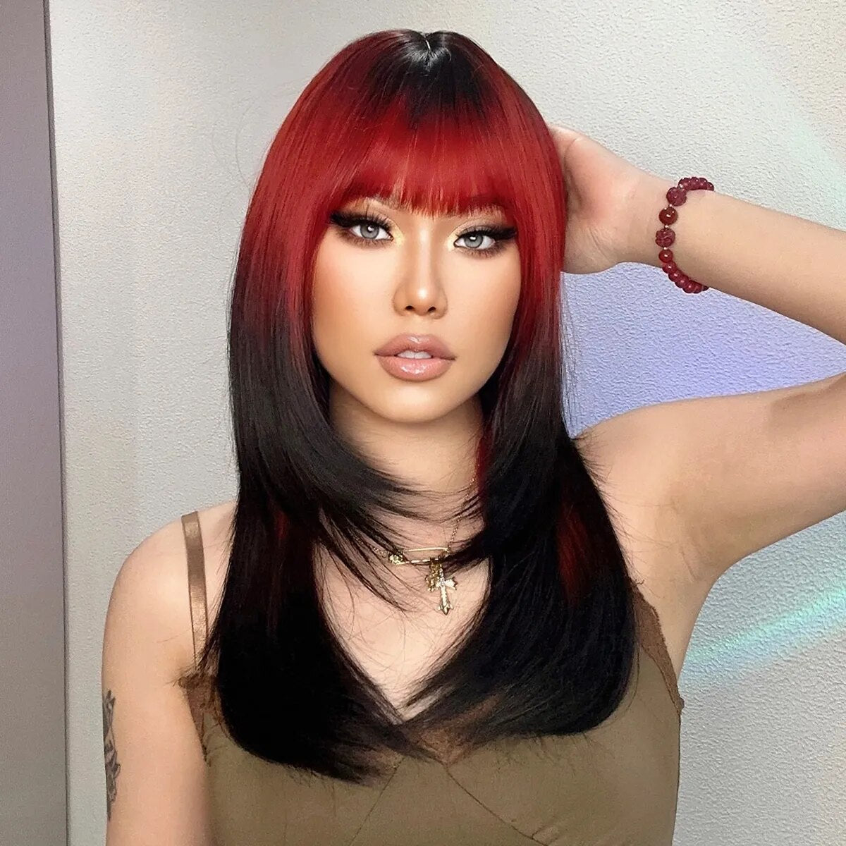 Ombre Red to Black Synthetic Wig with Bangs, showcasing long straight layered hairstyle, perfect for parties and cosplay.