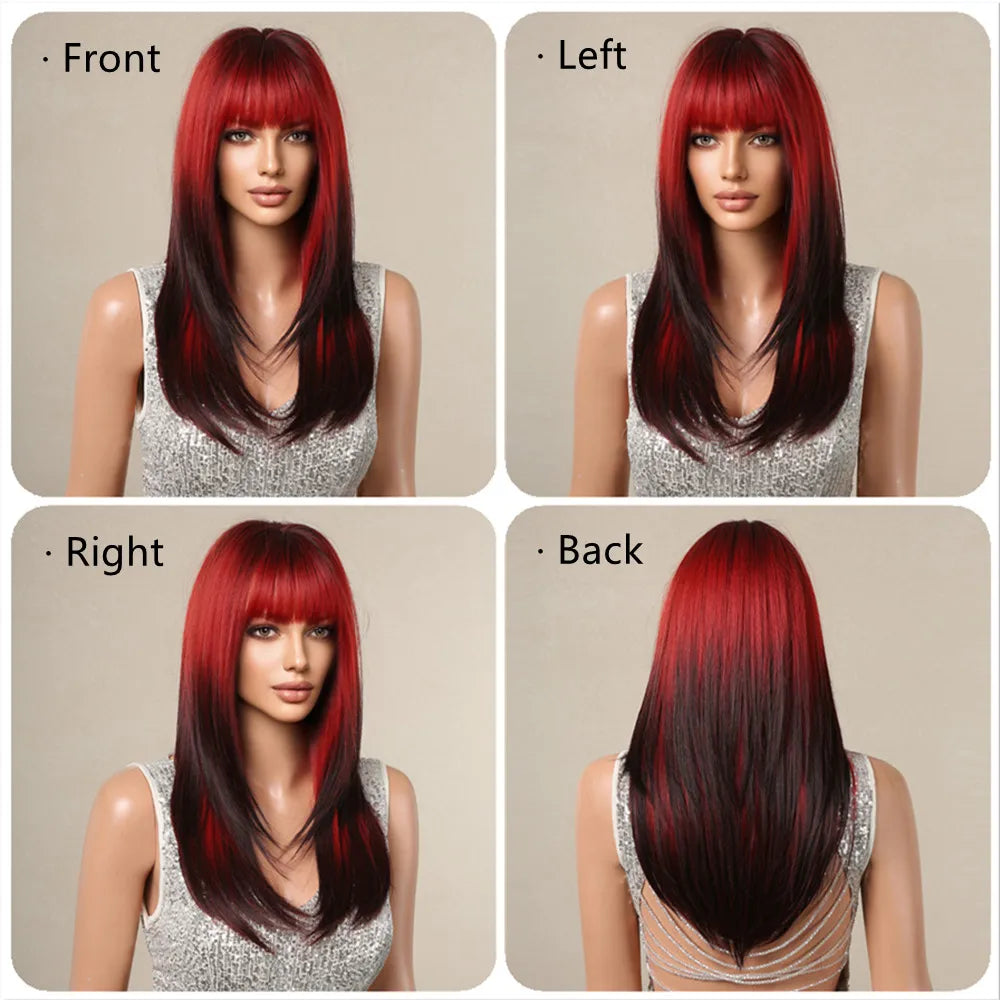 Ombre Red to Black Synthetic Wig with Bangs, showcasing long straight layered hairstyle, perfect for parties and cosplay.