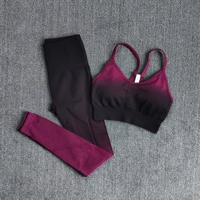 Ombre Women Yoga Set featuring a long sleeve crop top and sports bra in stylish ombre design, perfect for workouts and yoga.