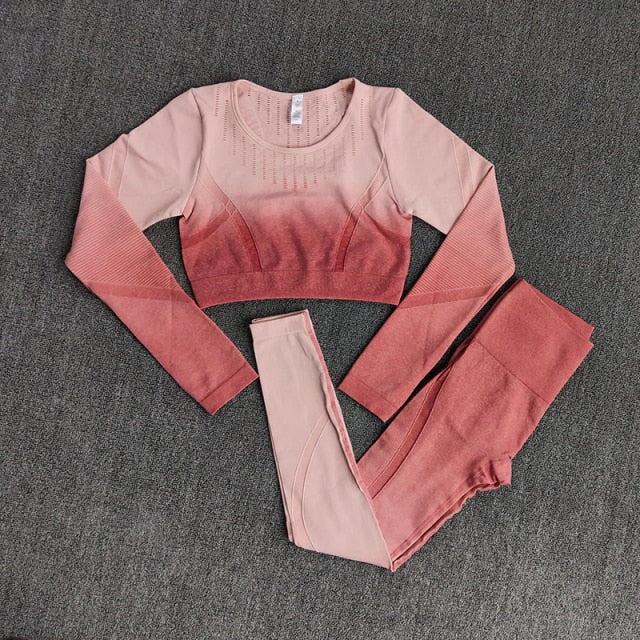 Ombre Women Yoga Set featuring a long sleeve crop top and sports bra in stylish ombre design, perfect for workouts and yoga.