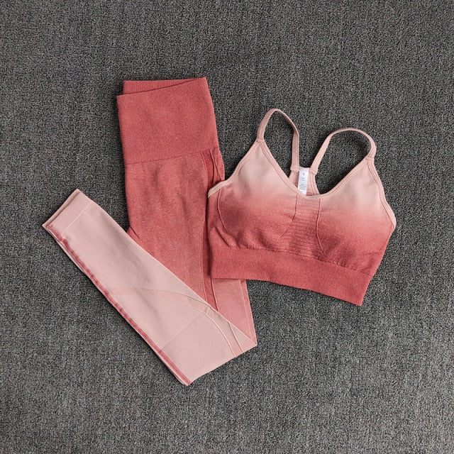 Ombre Women Yoga Set featuring a long sleeve crop top and sports bra in stylish ombre design, perfect for workouts and yoga.