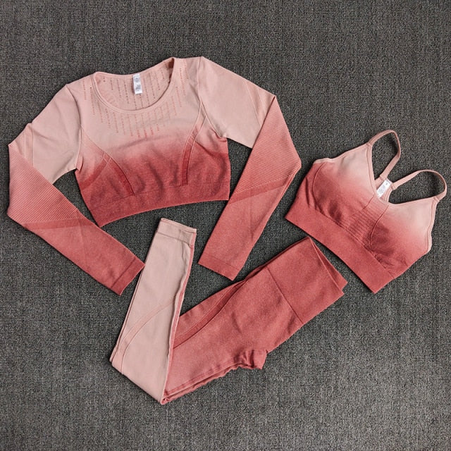 Ombre Women Yoga Set featuring a long sleeve crop top and sports bra in stylish ombre design, perfect for workouts and yoga.