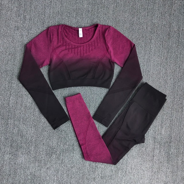 Ombre Women Yoga Set featuring a long sleeve crop top and sports bra in stylish ombre design, perfect for workouts and yoga.