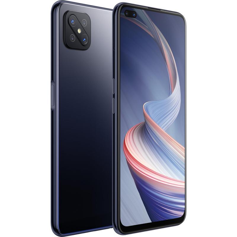 OPPO Reno4 Z 5G smartphone in Ink Black color showcasing its sleek design and 6.5' display.