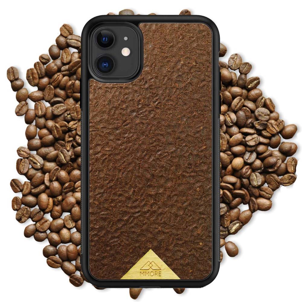 Organic Coffee Phone Case featuring a unique texture and aroma, held by a woman, showcasing its eco-friendly design.