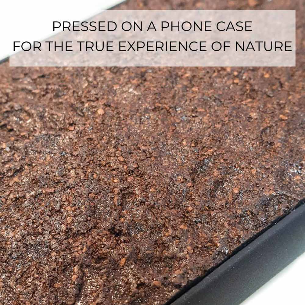 Organic Coffee Phone Case featuring a unique texture and aroma, held by a woman, showcasing its eco-friendly design.