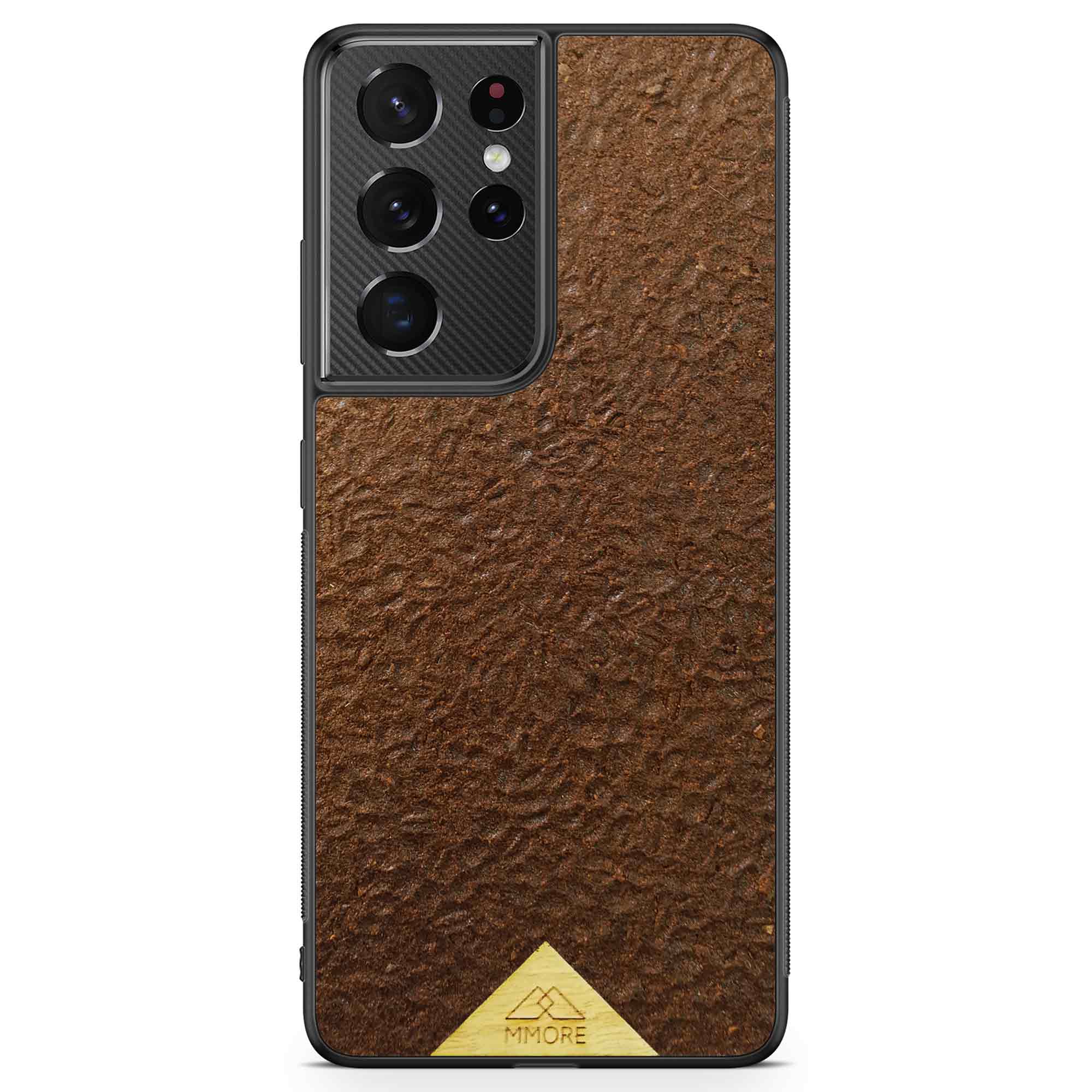 Organic Coffee Phone Case featuring a unique texture and aroma, held by a woman, showcasing its eco-friendly design.