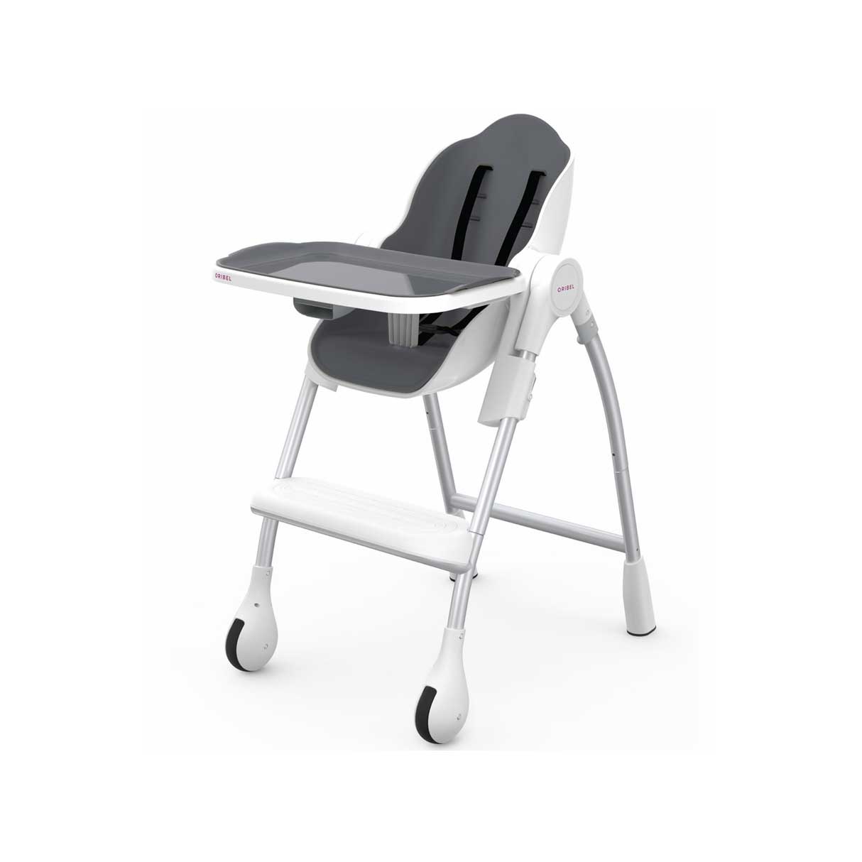 Oribel Cocoon Baby High Chair in slate color, showcasing its ergonomic design and adjustable features for infants and toddlers.