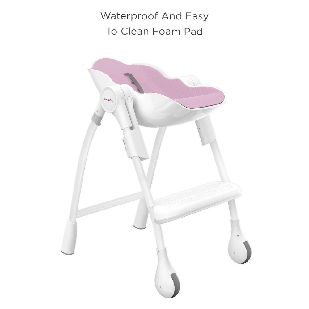 Oribel Cocoon Baby High Chair in slate color, showcasing its ergonomic design and adjustable features for infants and toddlers.