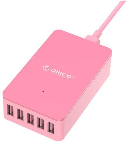 ORICO 40W 5-Port Smart Desktop Charger in Pink, featuring five USB ports and a compact design.