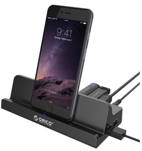 ORICO 4-Port USB3.0 Universal Docking Station with multiple ports for cellphones and tablets.