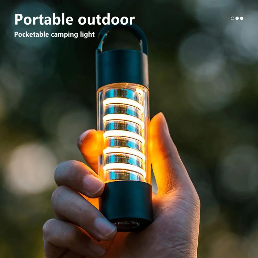 USB rechargeable outdoor camping light with detachable lampshade and tripod, designed for versatile illumination.