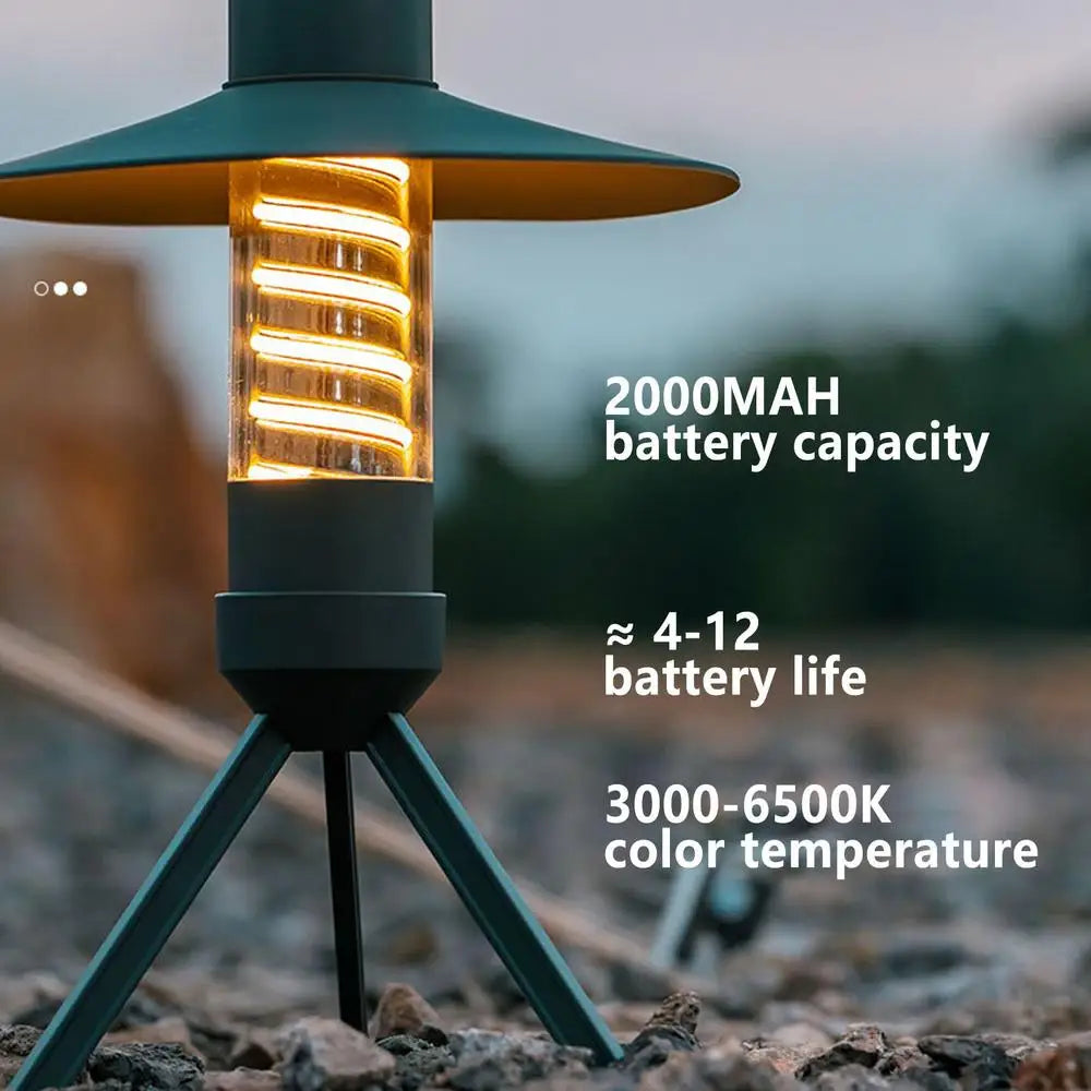 USB rechargeable outdoor camping light with detachable lampshade and tripod, designed for versatile illumination.