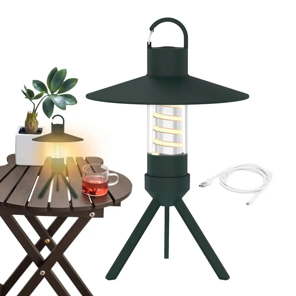 USB rechargeable outdoor camping light with detachable lampshade and tripod, designed for versatile illumination.