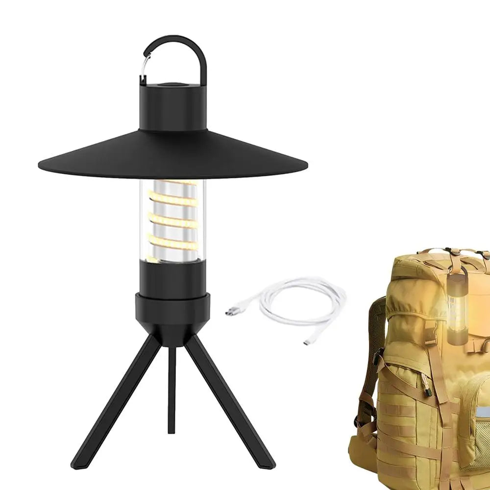 USB rechargeable outdoor camping light with detachable lampshade and tripod, designed for versatile illumination.