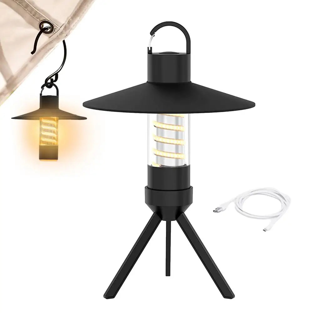 USB rechargeable outdoor camping light with detachable lampshade and tripod, designed for versatile illumination.