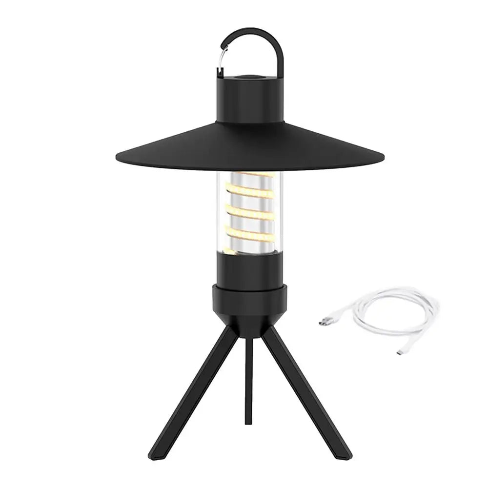 USB rechargeable outdoor camping light with detachable lampshade and tripod, designed for versatile illumination.