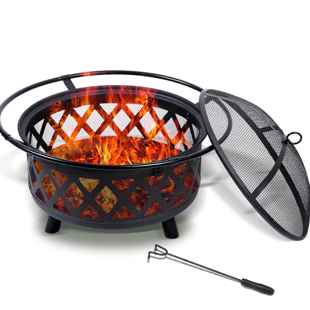 Portable outdoor fire pit BBQ with steel construction, safety mesh cover, and charcoal rack, ideal for camping and garden use.