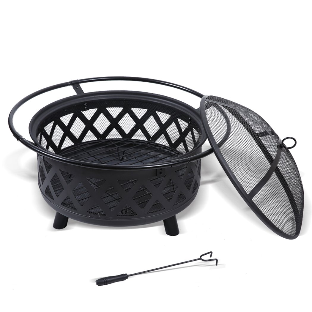 Portable outdoor fire pit BBQ with steel construction, safety mesh cover, and charcoal rack, ideal for camping and garden use.