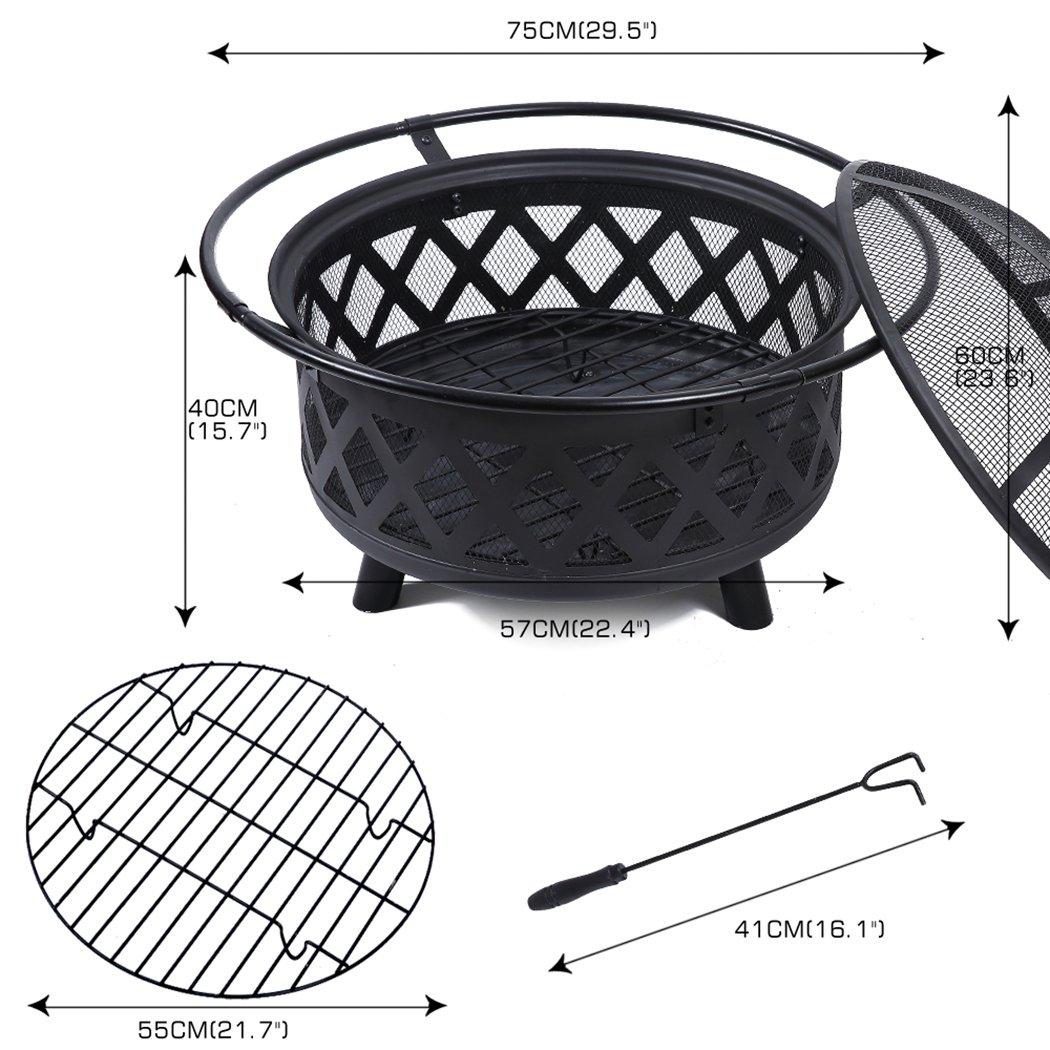 Portable outdoor fire pit BBQ with steel construction, safety mesh cover, and charcoal rack, ideal for camping and garden use.