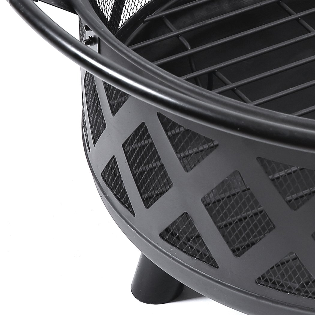 Portable outdoor fire pit BBQ with steel construction, safety mesh cover, and charcoal rack, ideal for camping and garden use.