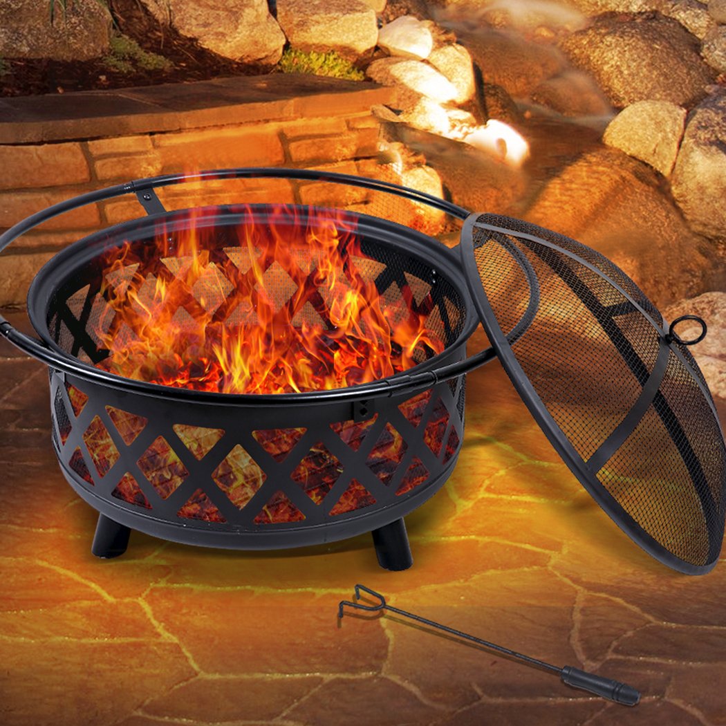 Portable outdoor fire pit BBQ with steel construction, safety mesh cover, and charcoal rack, ideal for camping and garden use.