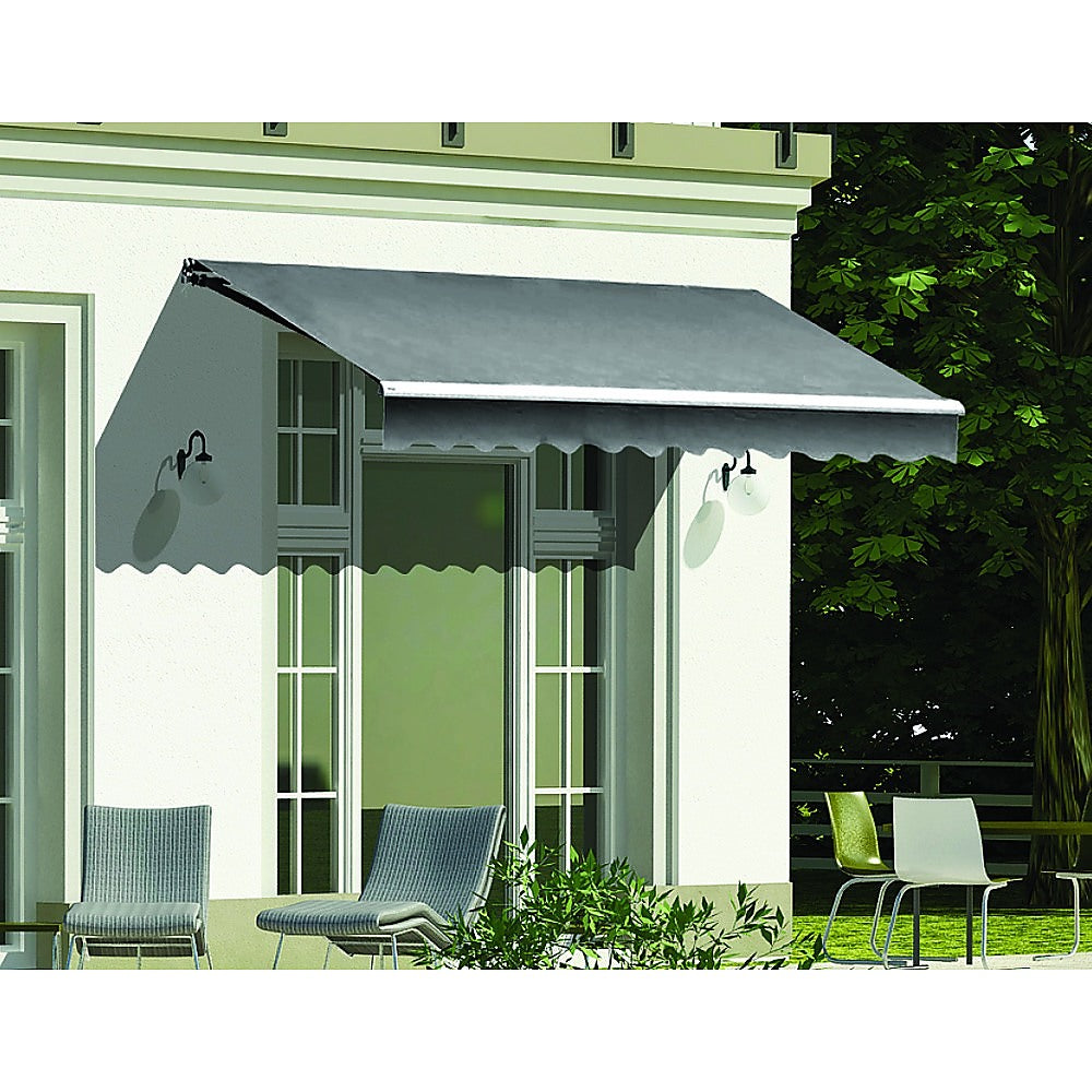 Grey outdoor folding arm awning retractable sunshade canopy, 3.0m x 2.5m, showcasing its durable frame and high-quality fabric.