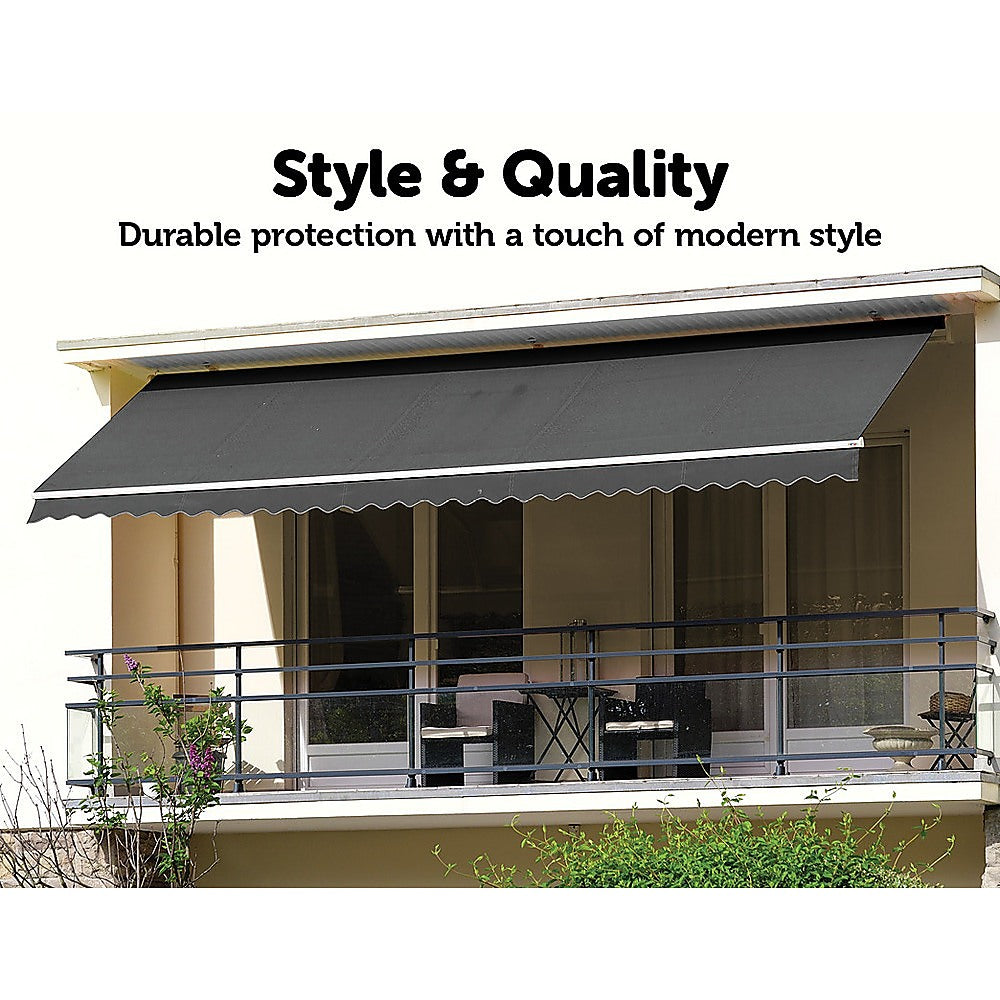 Grey outdoor folding arm awning retractable sunshade canopy, 3.0m x 2.5m, showcasing its durable frame and high-quality fabric.