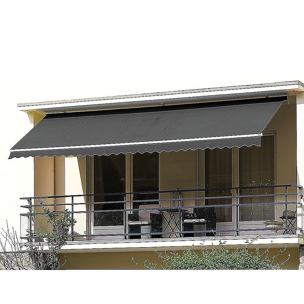 Grey outdoor folding arm awning retractable sunshade canopy, 3.0m x 2.5m, showcasing its durable frame and high-quality fabric.