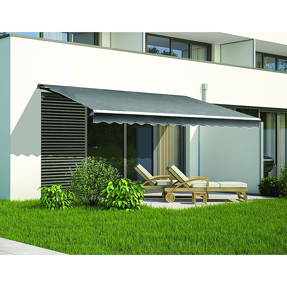 Outdoor Folding Arm Awning Retractable Sunshade Canopy in grey, measuring 5.0m x 2.5m, showcasing its stylish scalloped trim and durable frame.