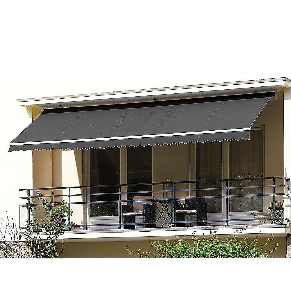 Outdoor Folding Arm Awning Retractable Sunshade Canopy in grey, measuring 5.0m x 2.5m, showcasing its stylish scalloped trim and durable frame.