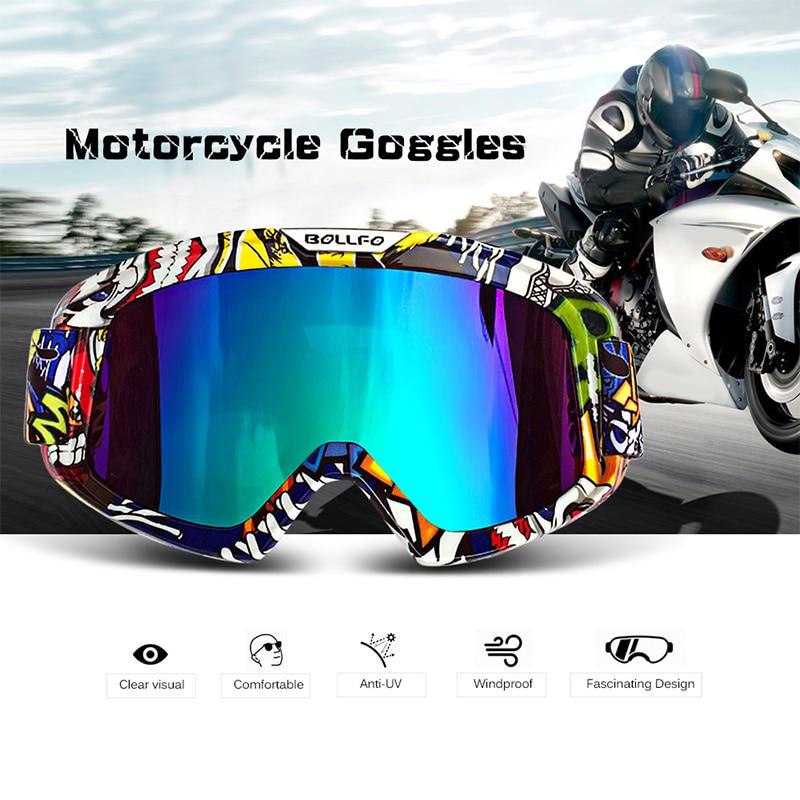 Outdoor Motorcycle Goggles with UV400 protection, designed for cycling, skiing, and off-road sports, featuring a multi-colored frame and anti-glare lenses.