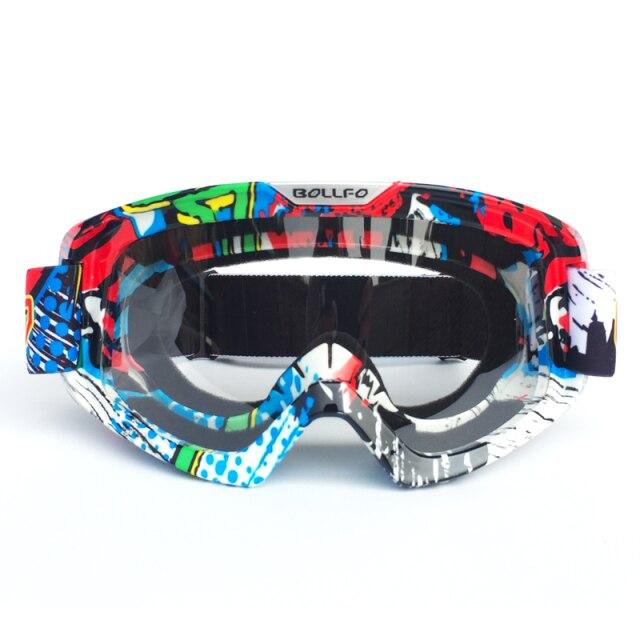 Outdoor Motorcycle Goggles with UV400 protection, designed for cycling, skiing, and off-road sports, featuring a multi-colored frame and anti-glare lenses.