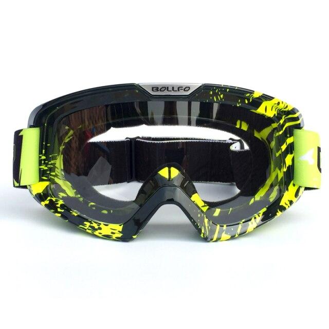 Outdoor Motorcycle Goggles with UV400 protection, designed for cycling, skiing, and off-road sports, featuring a multi-colored frame and anti-glare lenses.