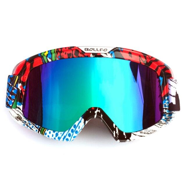 Outdoor Motorcycle Goggles with UV400 protection, designed for cycling, skiing, and off-road sports, featuring a multi-colored frame and anti-glare lenses.