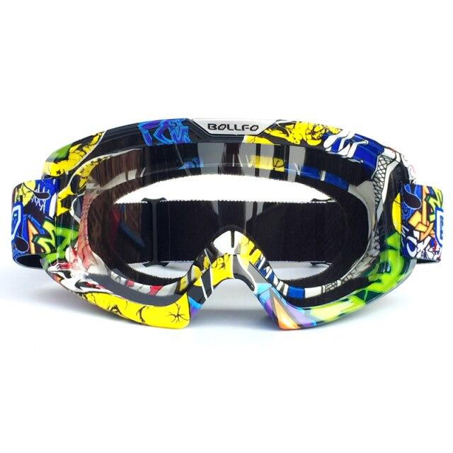 Outdoor Motorcycle Goggles with UV400 protection, designed for cycling, skiing, and off-road sports, featuring a multi-colored frame and anti-glare lenses.