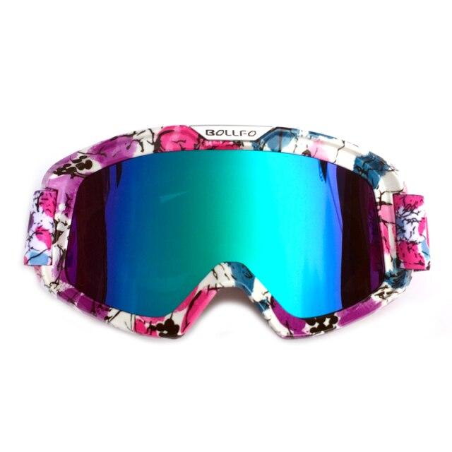 Outdoor Motorcycle Goggles with UV400 protection, designed for cycling, skiing, and off-road sports, featuring a multi-colored frame and anti-glare lenses.