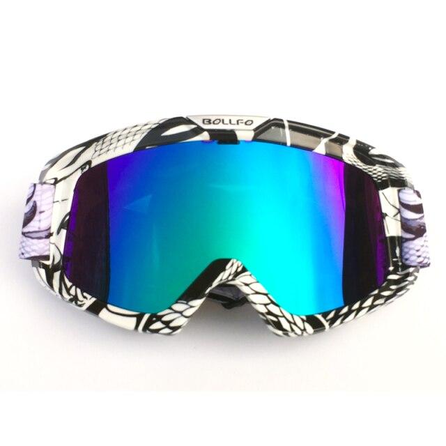 Outdoor Motorcycle Goggles with UV400 protection, designed for cycling, skiing, and off-road sports, featuring a multi-colored frame and anti-glare lenses.