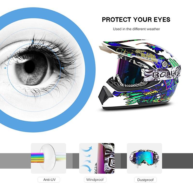 Outdoor Motorcycle Goggles with UV400 protection, designed for cycling, skiing, and off-road sports, featuring a multi-colored frame and anti-glare lenses.