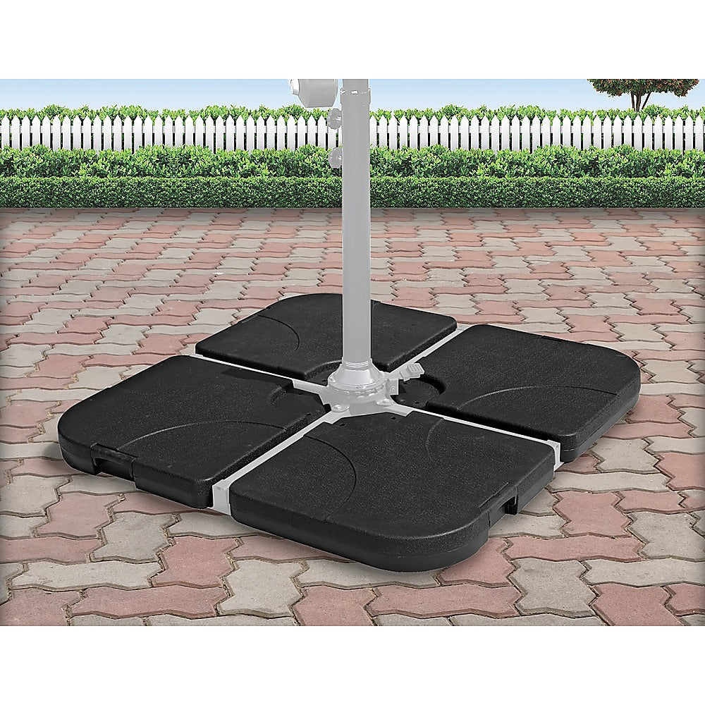 Outdoor Patio 4-Piece Cantilever Offset 3M Umbrella Base Stand Weight in black, showcasing its heavy-duty design and easy-fill spout.